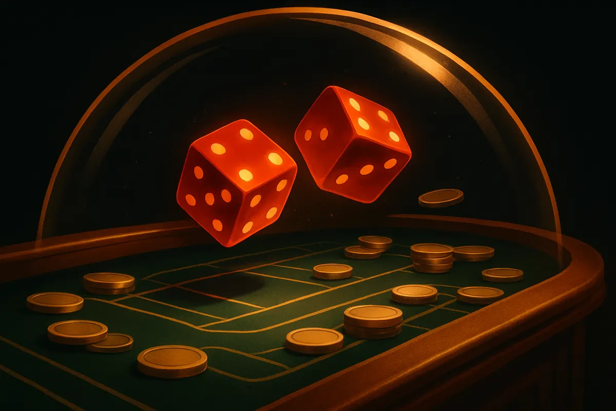Bubble craps machine showing two dice under a glass dome ready to roll